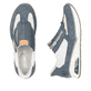 Blaue Rieker Damen Slipper M5666-10 mit Rieker Air Sohlenfenster. Schuh von oben, liegend.