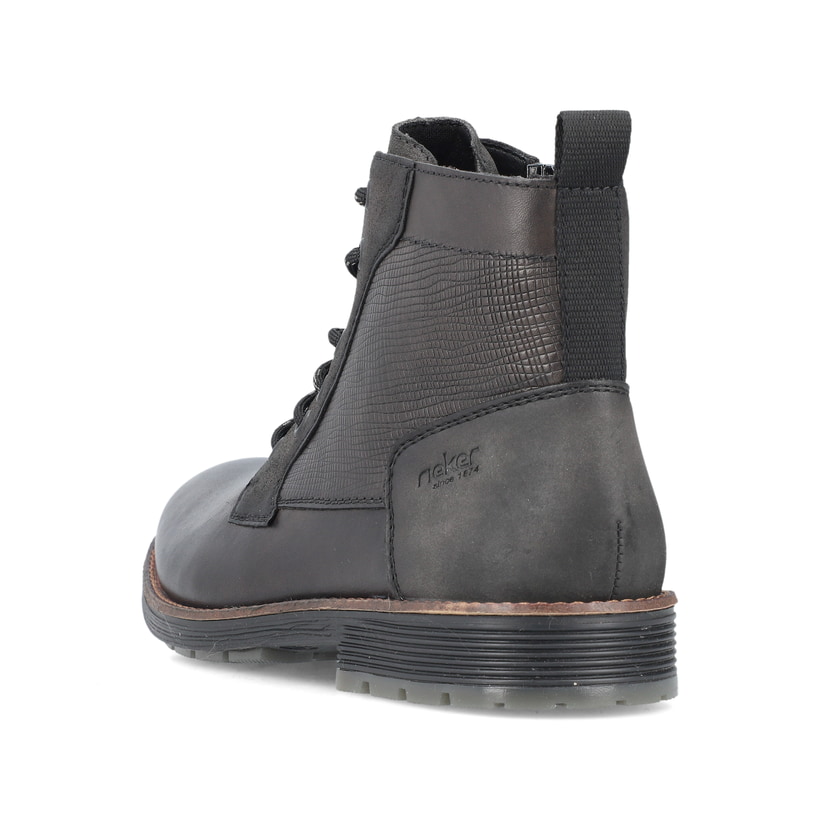Bottes à lacets Rieker noires foncées F4521-46 avec fermeture éclair. Vue de derrière.