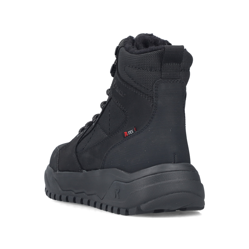 Schwarze Rieker Herren Schnürstiefel U1510-00 mit griffiger Fiber-Grip Sohle. Schuh von hinten.