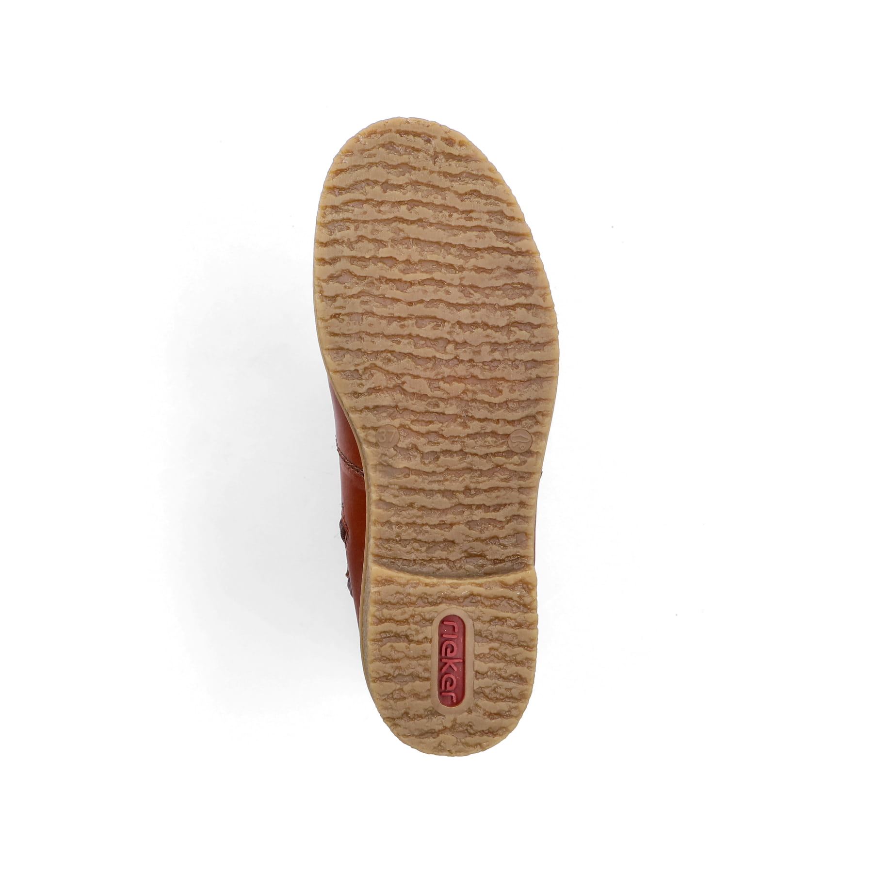 Fuchsbraune Rieker Damen Kurzstiefel 73551-24 mit einer robusten Profilsohle. Schuh Laufsohle