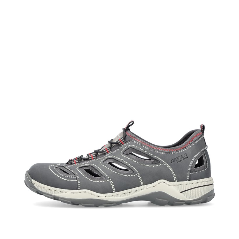 Graue Rieker Herren Slipper 08065-46 mit einem Gummizug sowie Komfortweite G. Schuh Außenseite.