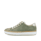 Grüne Rieker Damen Slipper M2952-52 mit Gummizug sowie gepolsterter Einlegesohle. Schuh Außenseite.