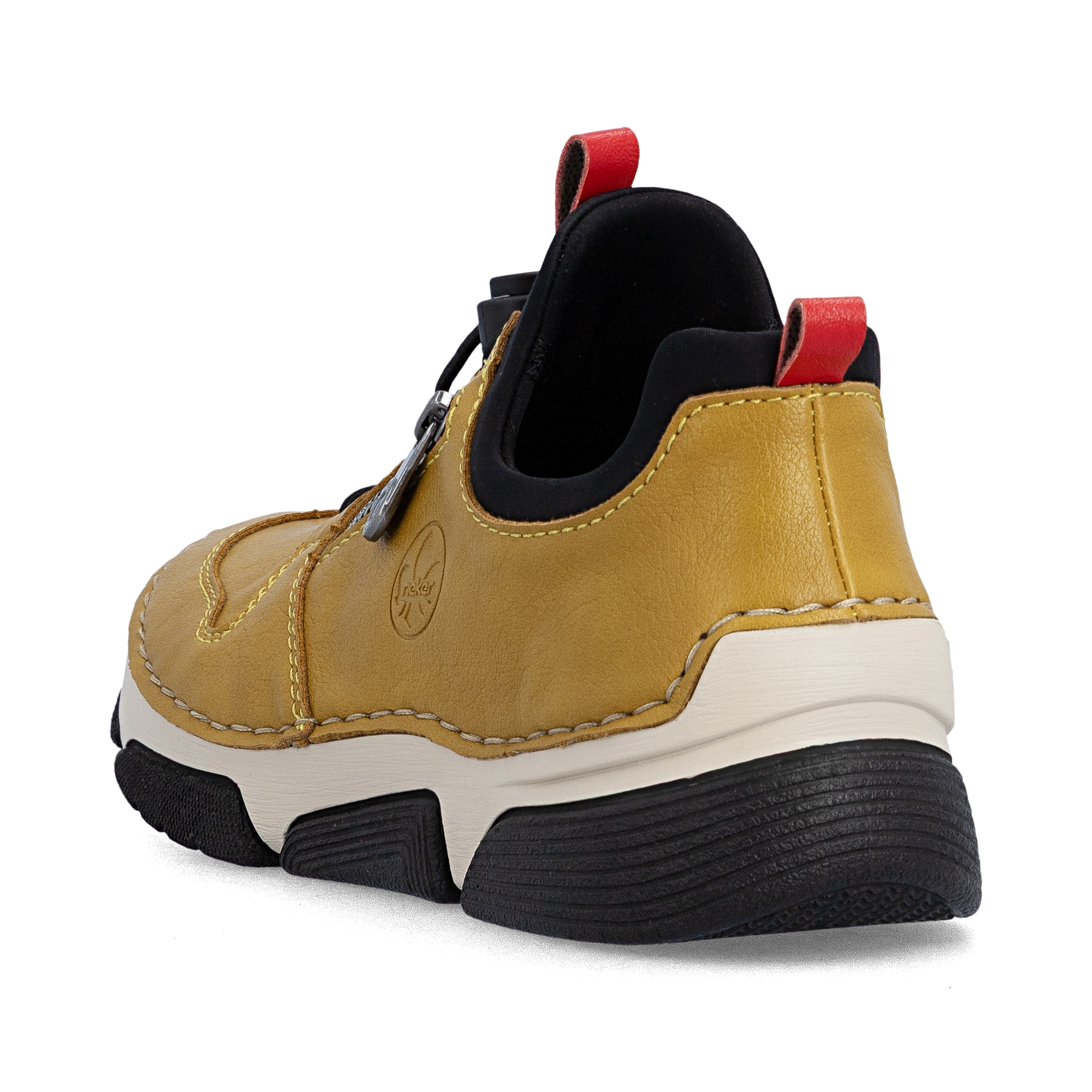 Ockerfarbene Rieker Damen Slipper 45951-68 mit Deko-Reißverschluss. Schuh von hinten.