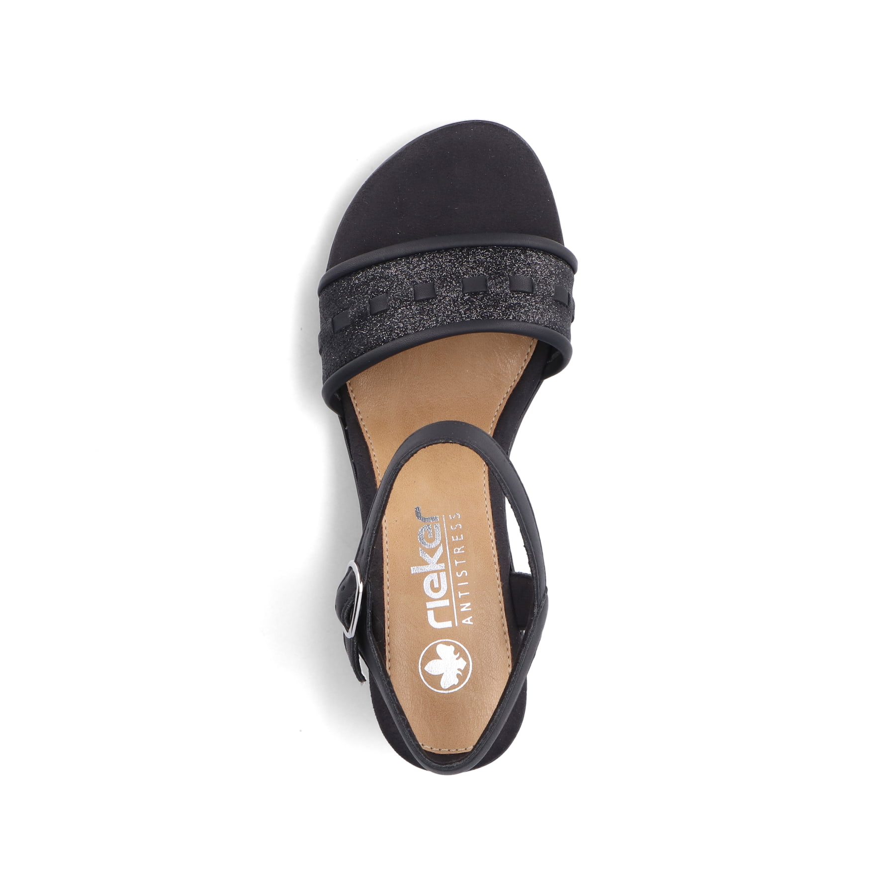 Asphaltschwarze Rieker Riemchensandaletten 64653-00 mit einer Schnalle. Schuh von oben.