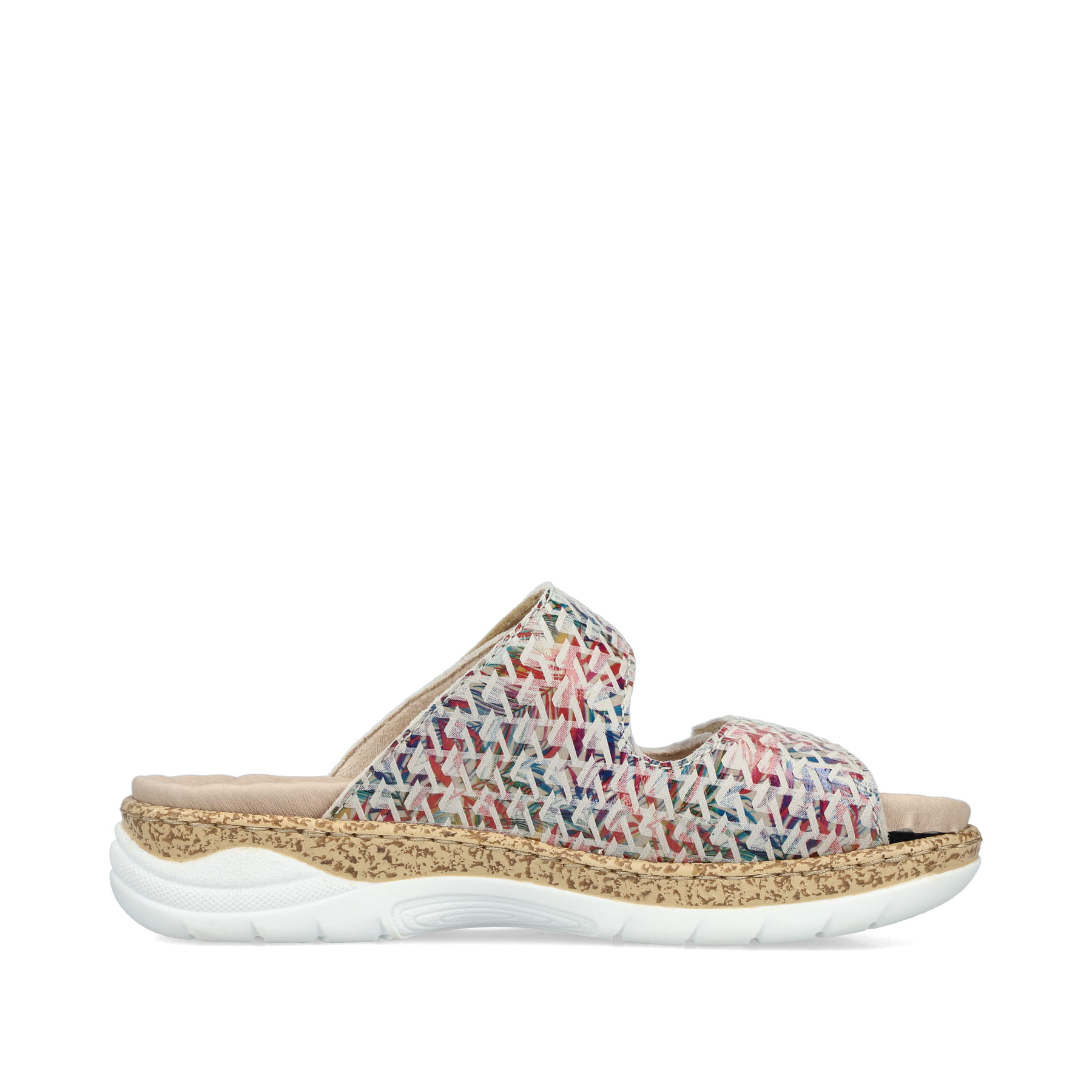 Mehrfarbige Rieker Damen Pantoletten V2292-91 mit einem Klettverschluss. Schuh Innenseite.