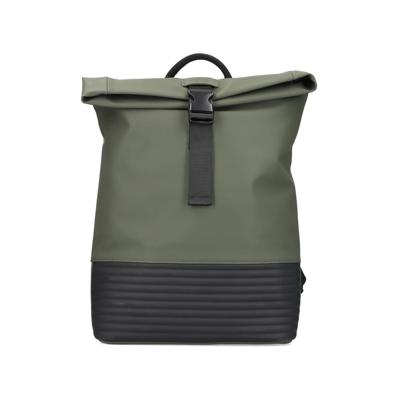 Rieker Damen Rucksack H1426-52 in Kaktusgrün-Schwarz aus Kunstleder mit Reißverschluss. Rucksack Vorderseite.