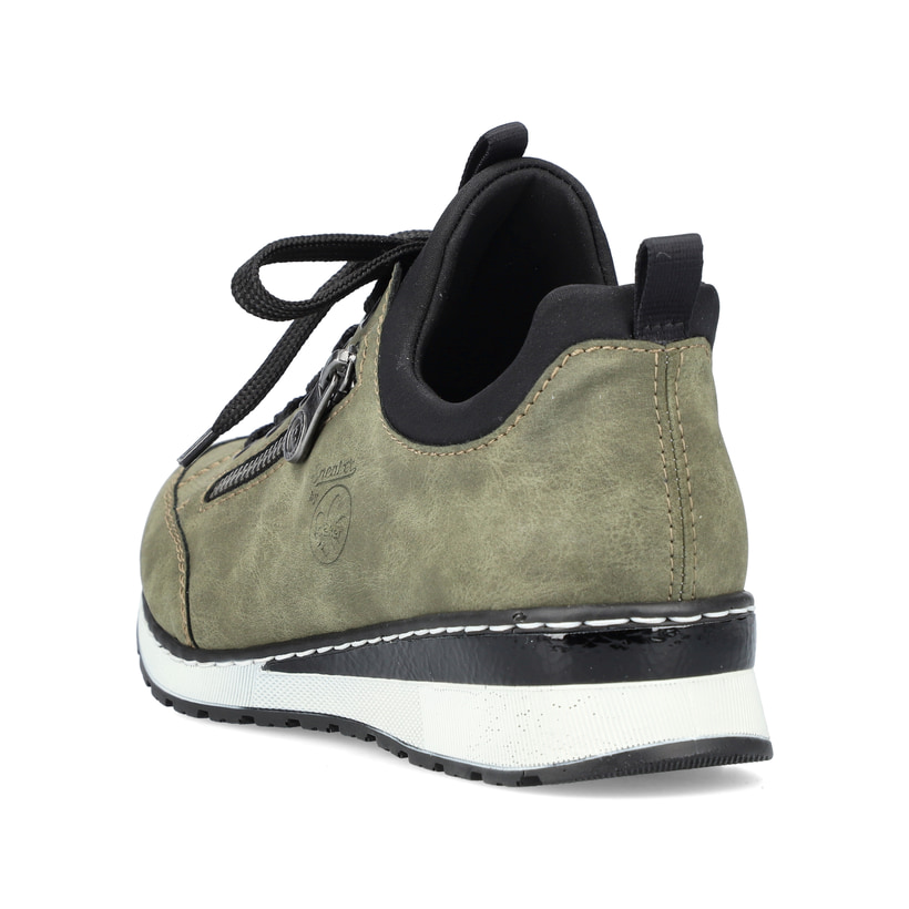 Khakigrüne Rieker Damen Slipper 54470-55 mit Elastikeinsatz sowie einer leichten Sohle. Schuh von hinten