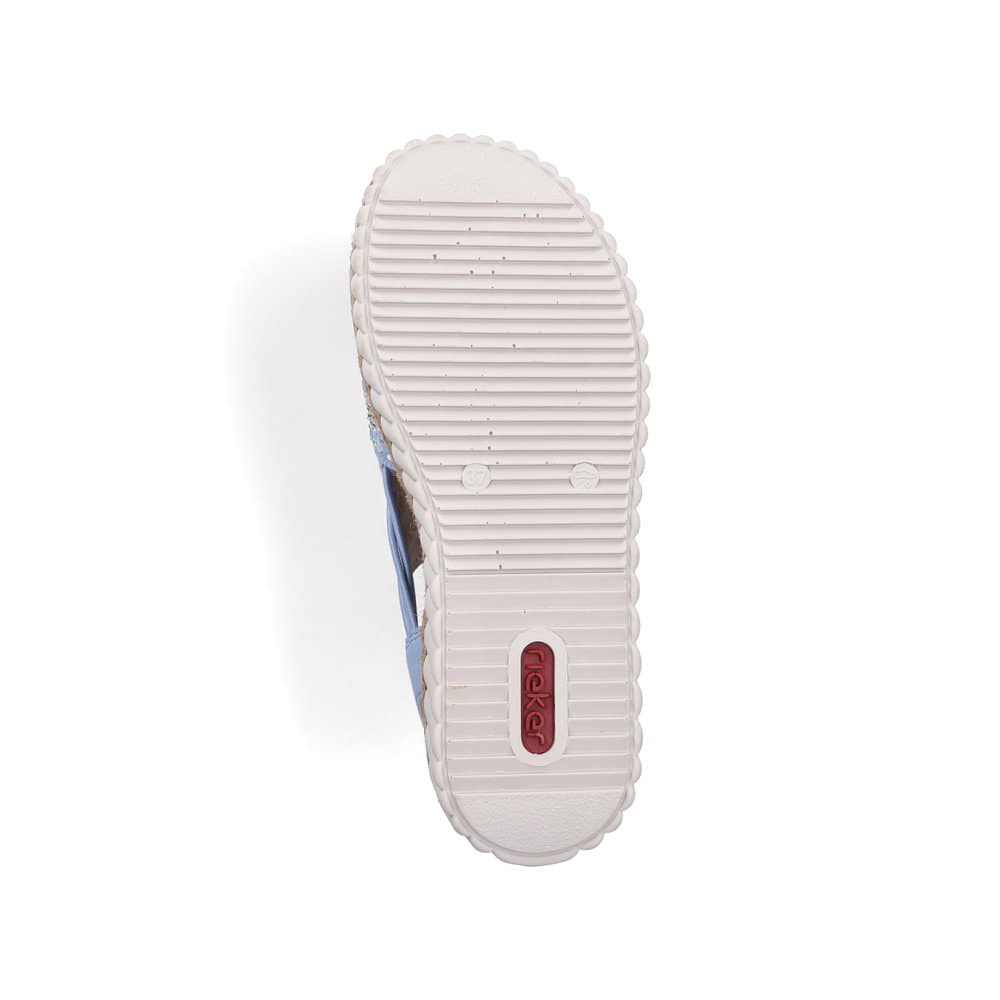 Blaue Rieker Keilsandaletten 69246-10 mit Strasssteinen sowie einem Gummizug. Schuh Laufsohle.