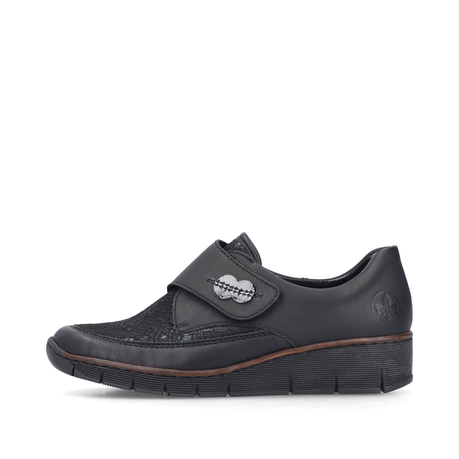 Schwarze Rieker Damen Slipper 537C0-02 mit einem Klettverschluss. Schuh Außenseite.
