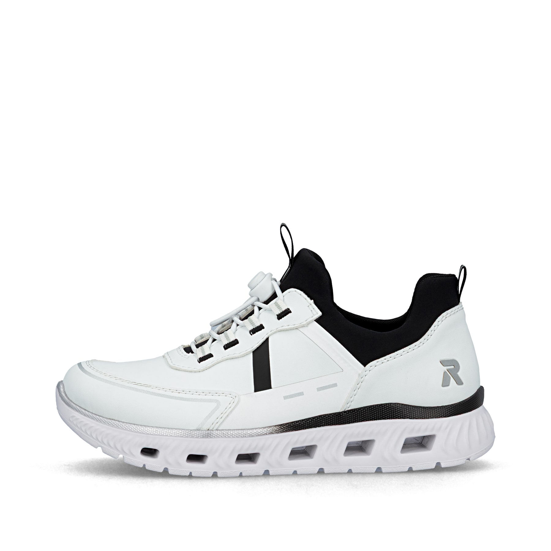 Baskets basses Rieker blanches végétaliennes pour femme M6062-80. Côté extérieur de la chaussure.