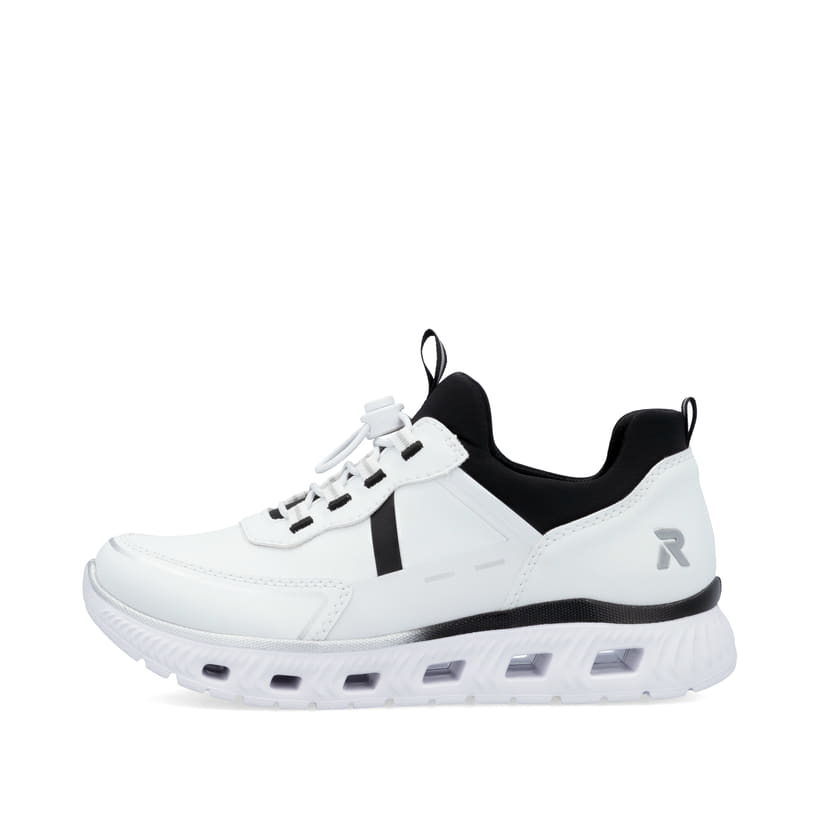Weiße vegane Rieker Damen Sneaker Low M6062-80 mit einem Gummizug. Schuh Außenseite.