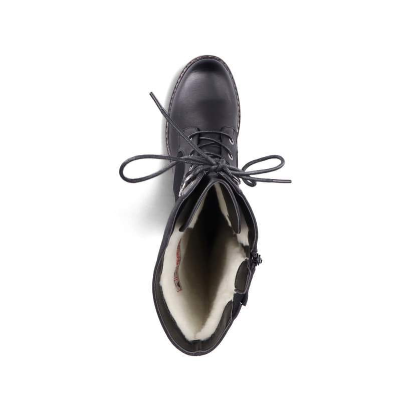 Schwarze Rieker Damen Hochschaftstiefel 94732-00 mit einem Reißverschluss. Schuh von oben.