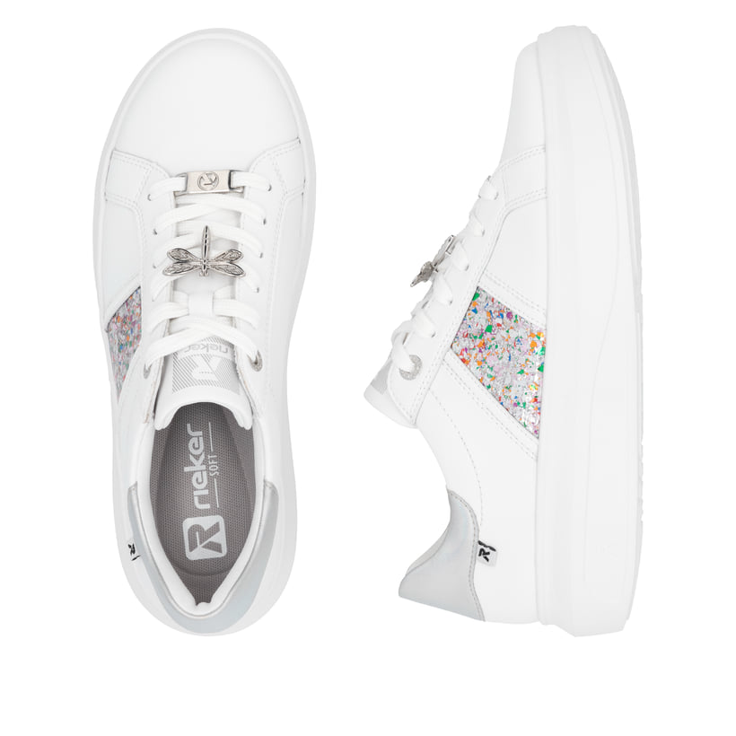 Baskets basses Rieker blanches pour femme W1202-83 avec lacets. Chaussure vue de dessus, couchée.