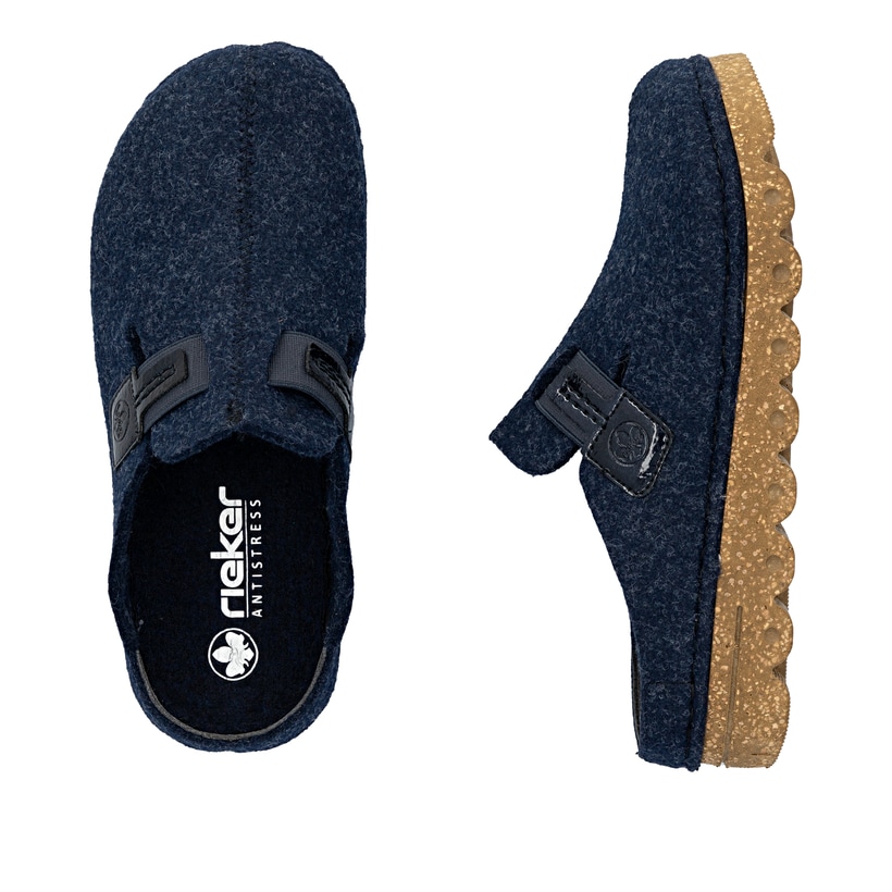 Blaue Rieker Damen Clogs V8790-14 mit schockabsorbierender und leichter Sohle. Schuh von oben, liegend.