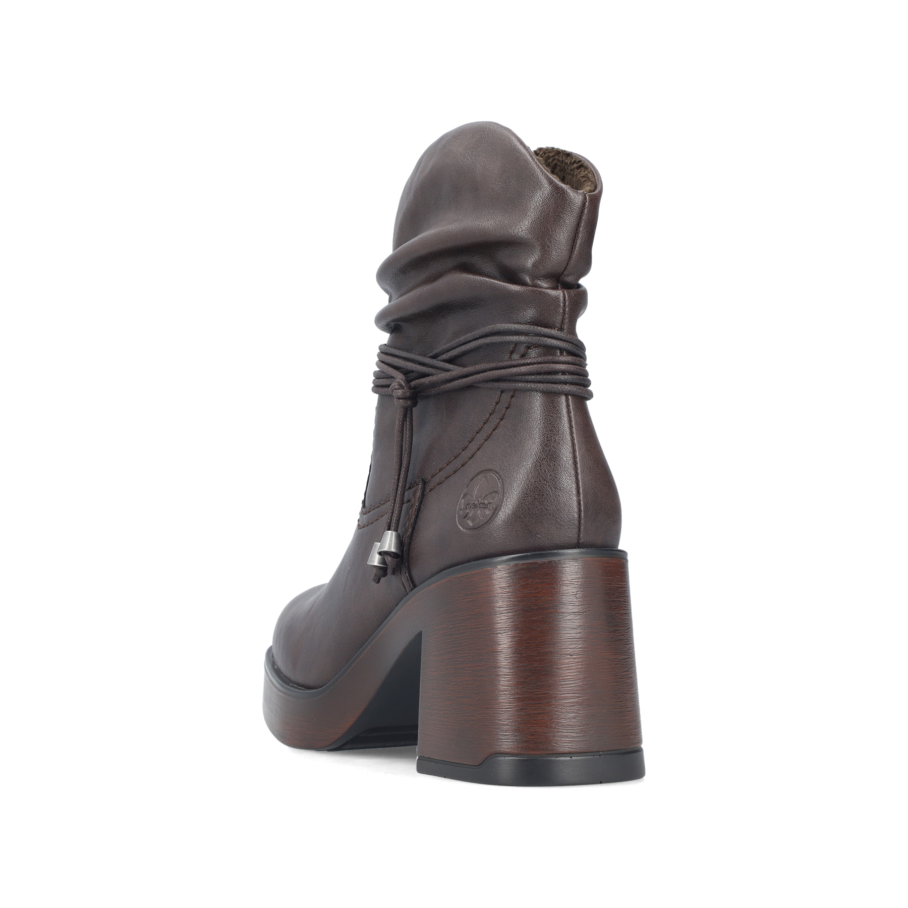 Dunkelbraune Rieker Damen Stiefeletten 58091-25 mit gerafftem Schaft. Schuh von hinten.