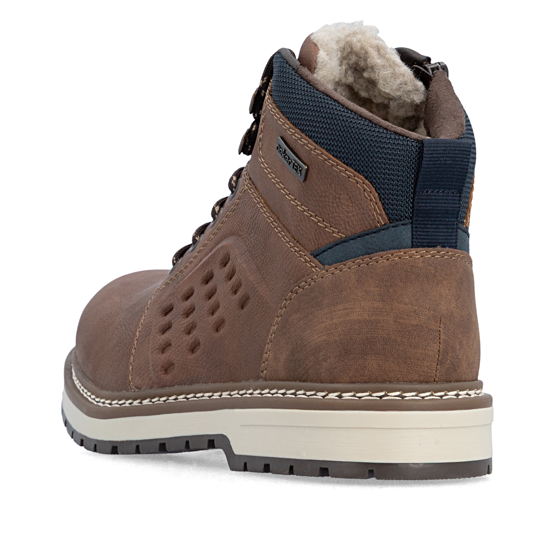 Braune Rieker Herren Schnürstiefel F3800-24 mit wasserabweisender TEX-Membran. Schuh von hinten.