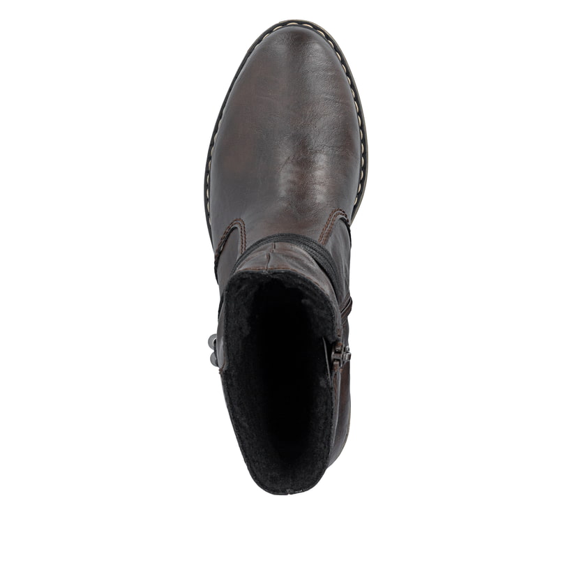 Dunkelbraune Rieker Damen Stiefeletten 77263-25 mit dekorativer Kordel. Schuh von oben.
