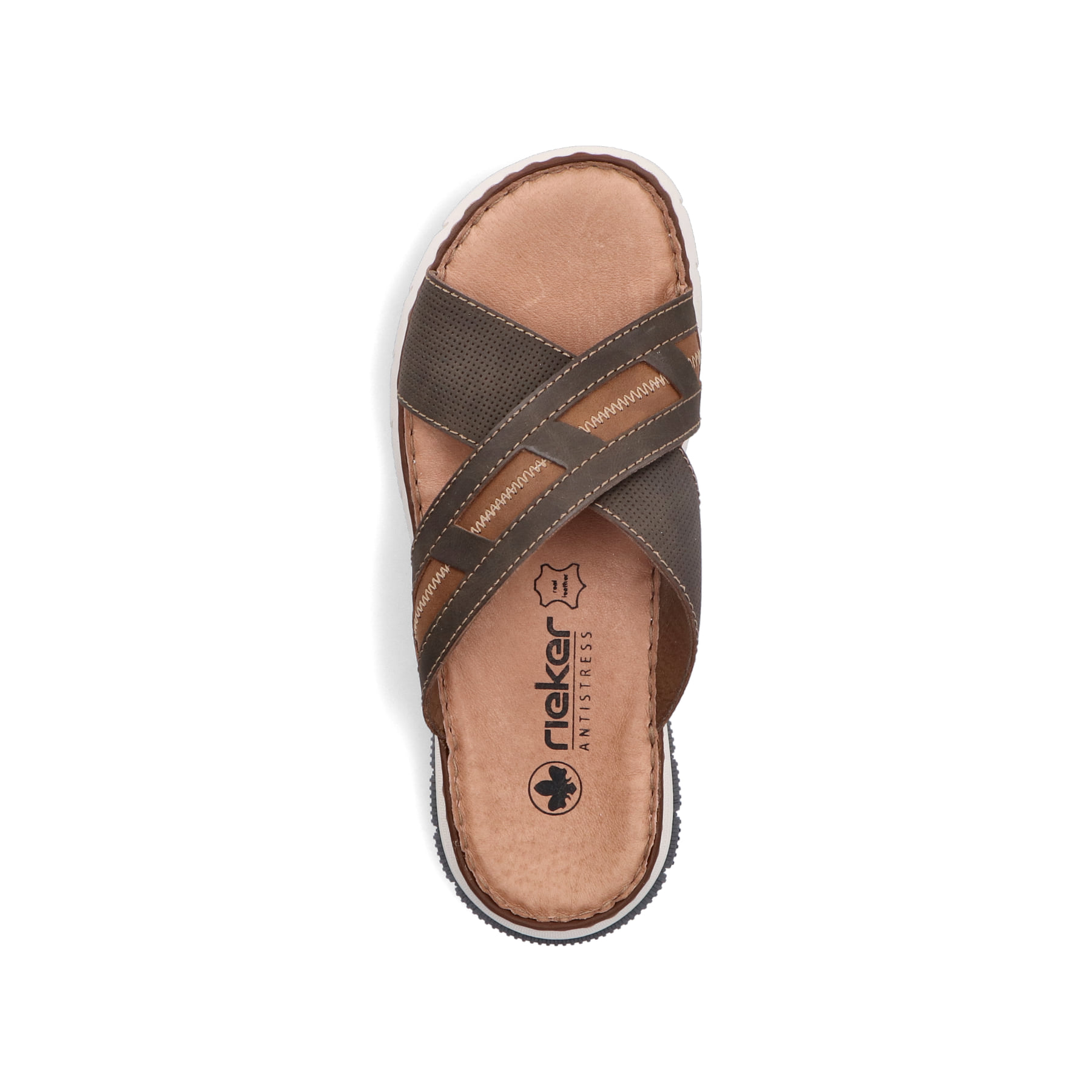 Braune Rieker Herren Pantoletten 25252-25 mit der Komfortweite G 1/2. Schuh von oben.