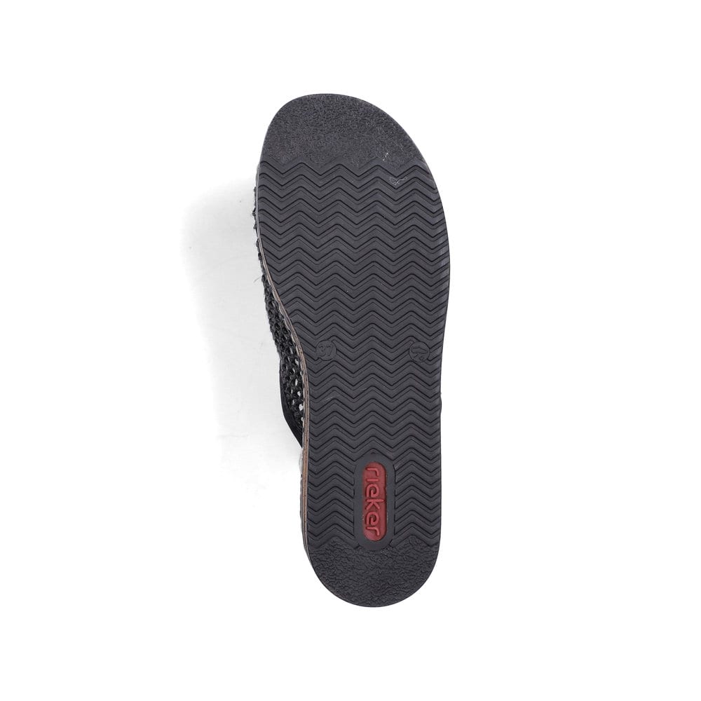 Schwarze Rieker Damen Pantoletten 62904-00 mit einem Gummizug. Schuh Laufsohle.