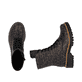 Vegane, dunkelgraue Rieker Damen Biker Boots 72627-90 mit einem Reißverschluss. Schuh von oben, liegend.
