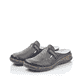 Schwarze Rieker Damen Clogs 46393-00 mit einem Elastikeinsatz sowie Ziernähten. Schuh Außenseite gespiegelt.