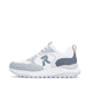 Weißblaue Rieker Damen Sneaker Low W2506-80 mit Schnürung sowie abgesetztem Logo. Schuh Außenseite.