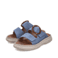 Mules Rieker bleues pour femme V3050-14 avec boucle tendance. Chaussures inclinées sur le côté.