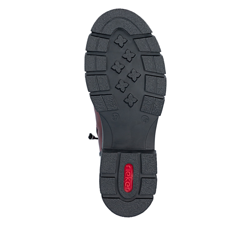 Weinrote Rieker Damen Biker Boots Z9152-35 mit Deko-Reißverschluss. Schuh Laufsohle.