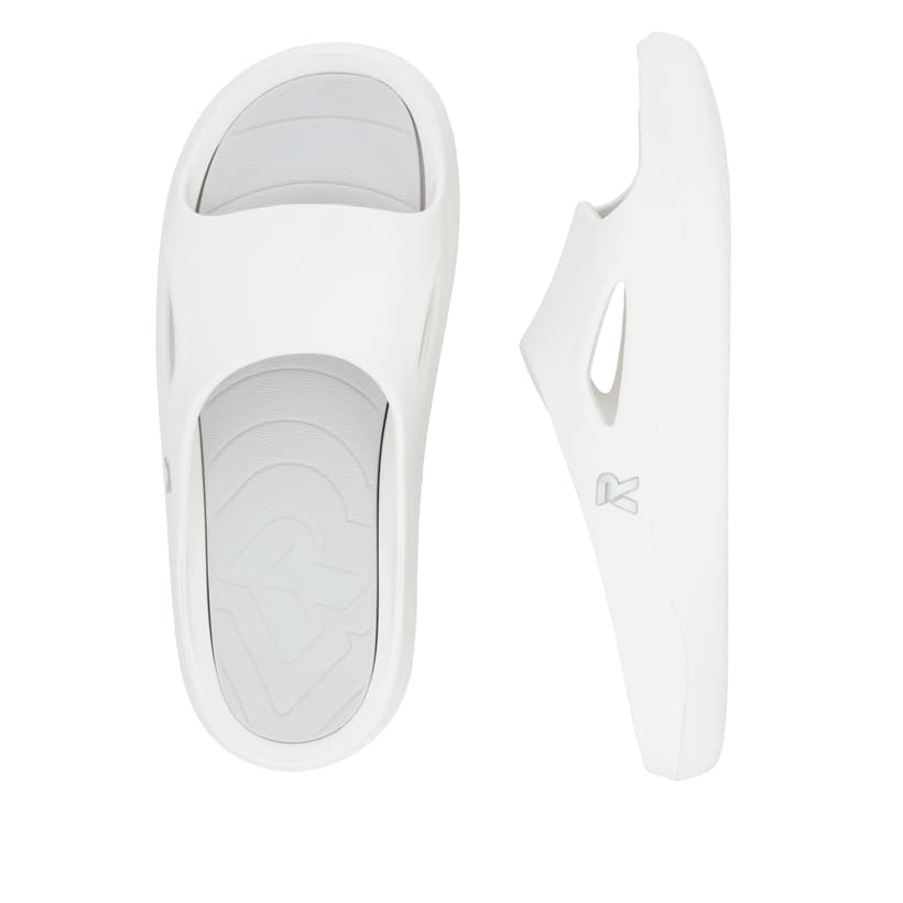 Weiße Rieker Herren Pantoletten U3450-80 mit ultraleichter und flexibler Sohle. Schuh von oben, liegend.