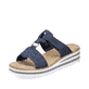Marineblaue Rieker Damen Pantoletten V0620-14 mit einem Klettverschluss. Schuh seitlich schräg.