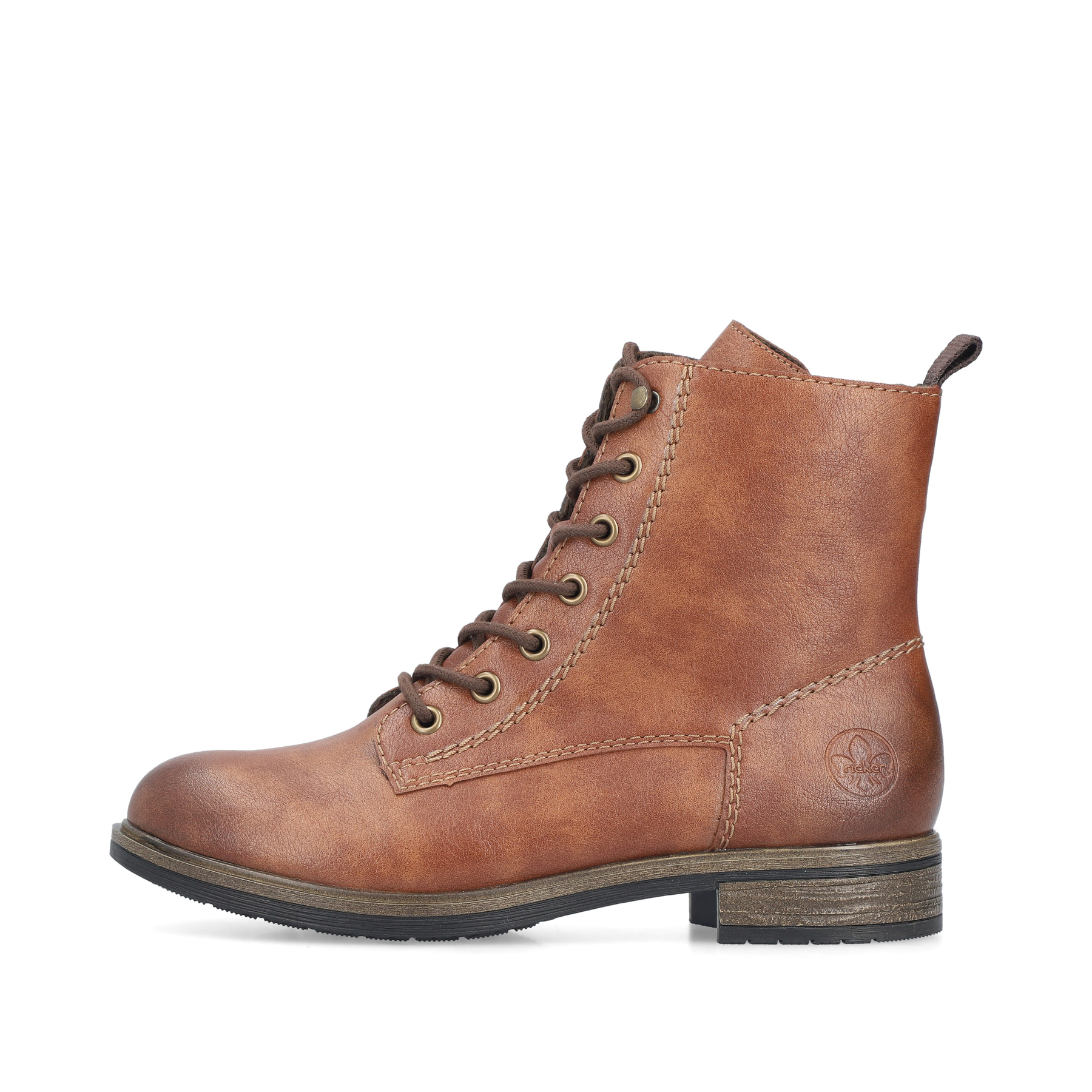 Hellbraune Rieker Damen Schnürstiefel 72220-24 mit einem Reißverschluss. Schuh Außenseite.