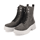 Graue Rieker Damen Schnürstiefel W0371-42 mit wasserabweisender TEX-Membran. Schuhpaar seitlich schräg.