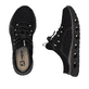 Schwarze Rieker Damen Clogs M6091-00 mit einem Gummizug sowie flexibler Sohle. Schuh von oben, liegend.