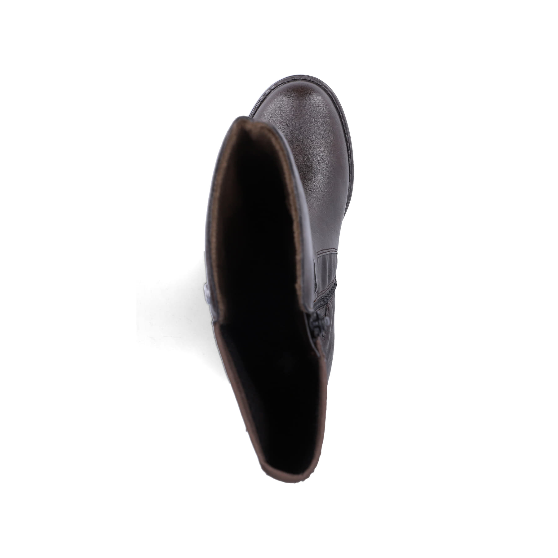 Dunkelbraune Rieker Damen Hochschaftstiefel 75490-25 mit einem Reißverschluss. Schuh von oben.