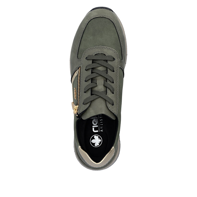 Baskets basses Rieker vertes pour femme 58902-54 avec fermeture éclair. Semelle extérieure de la chaussure.
