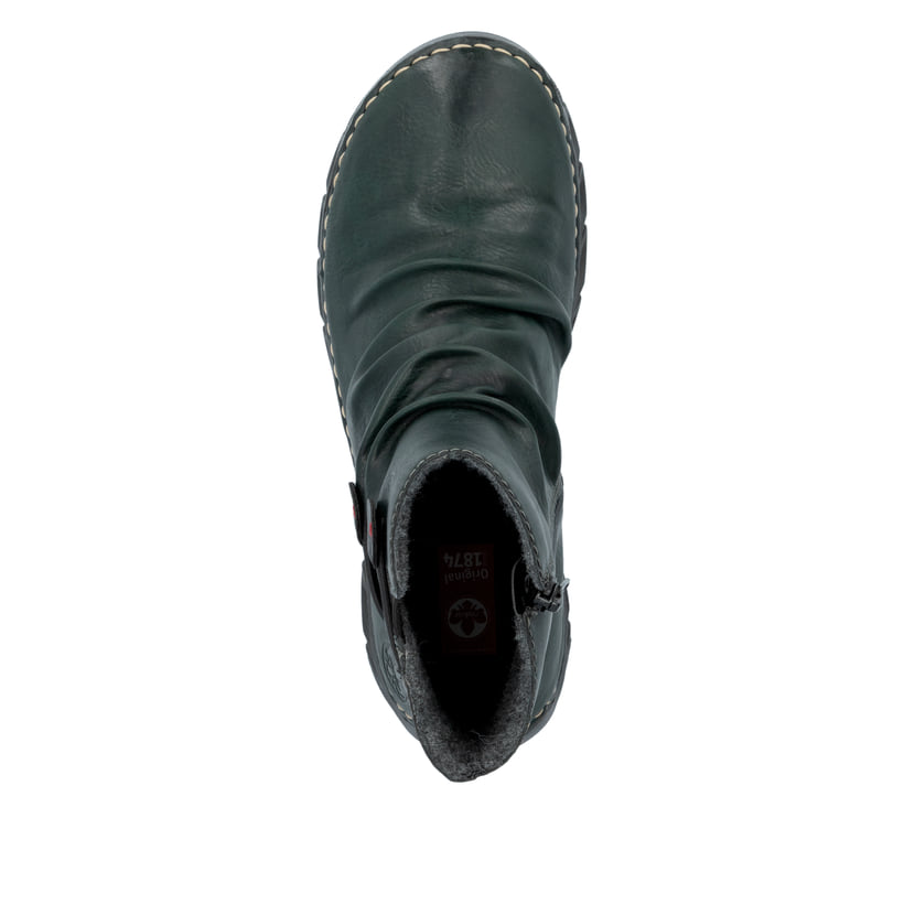 Grüne Rieker Damen Kurzstiefel 55052-54 mit geraffter Optik sowie Reißverschluss. Schuh von oben.
