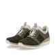 Grüne Rieker Damen Slipper N42G4-54 mit Ready2GO Slip-in Funktion sowie Gummizug. Schuhpaar seitlich schräg.