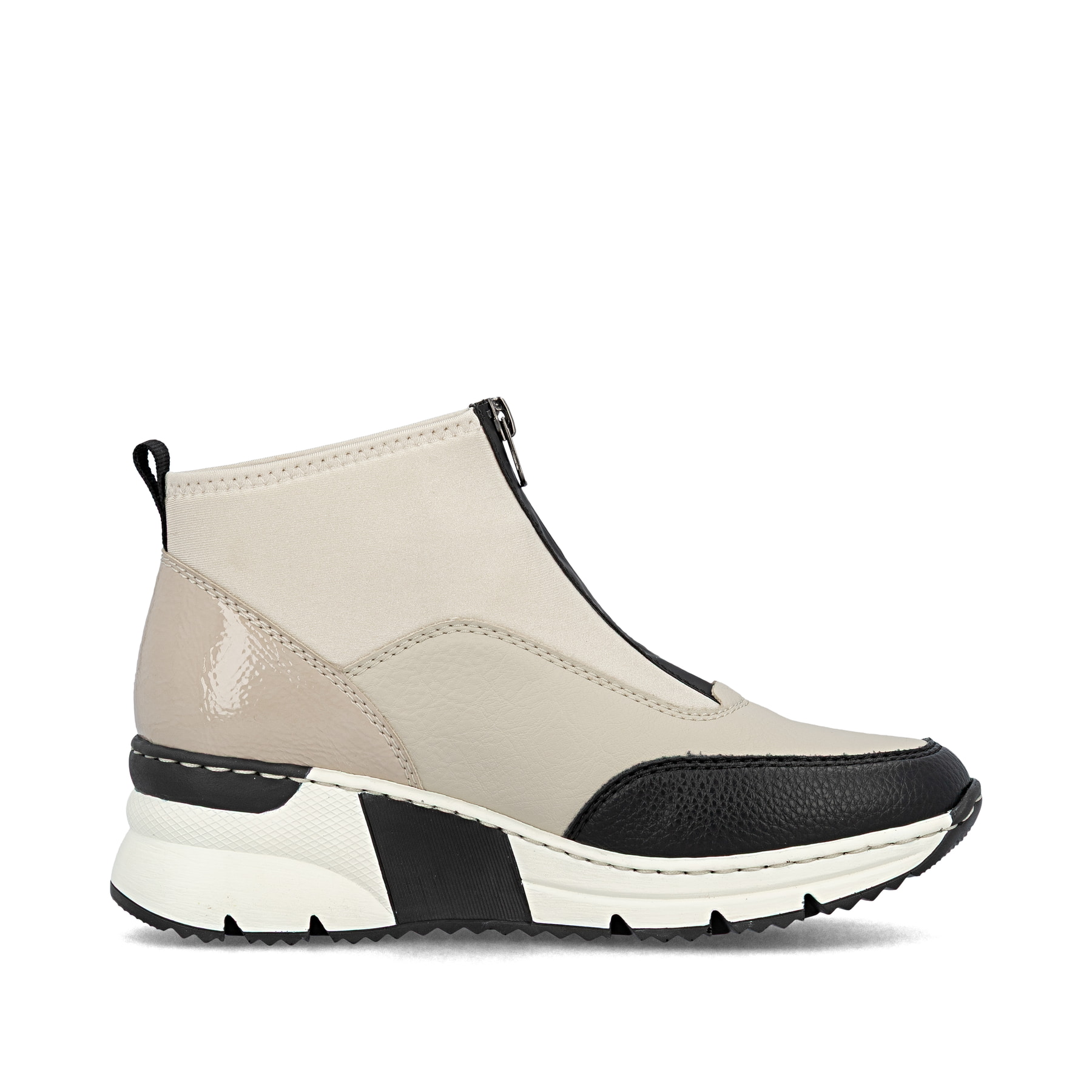 Baskets montantes Rieker beiges pour femme N6352-60 avec fermeture éclair. Chaussure vue de l'arrière.