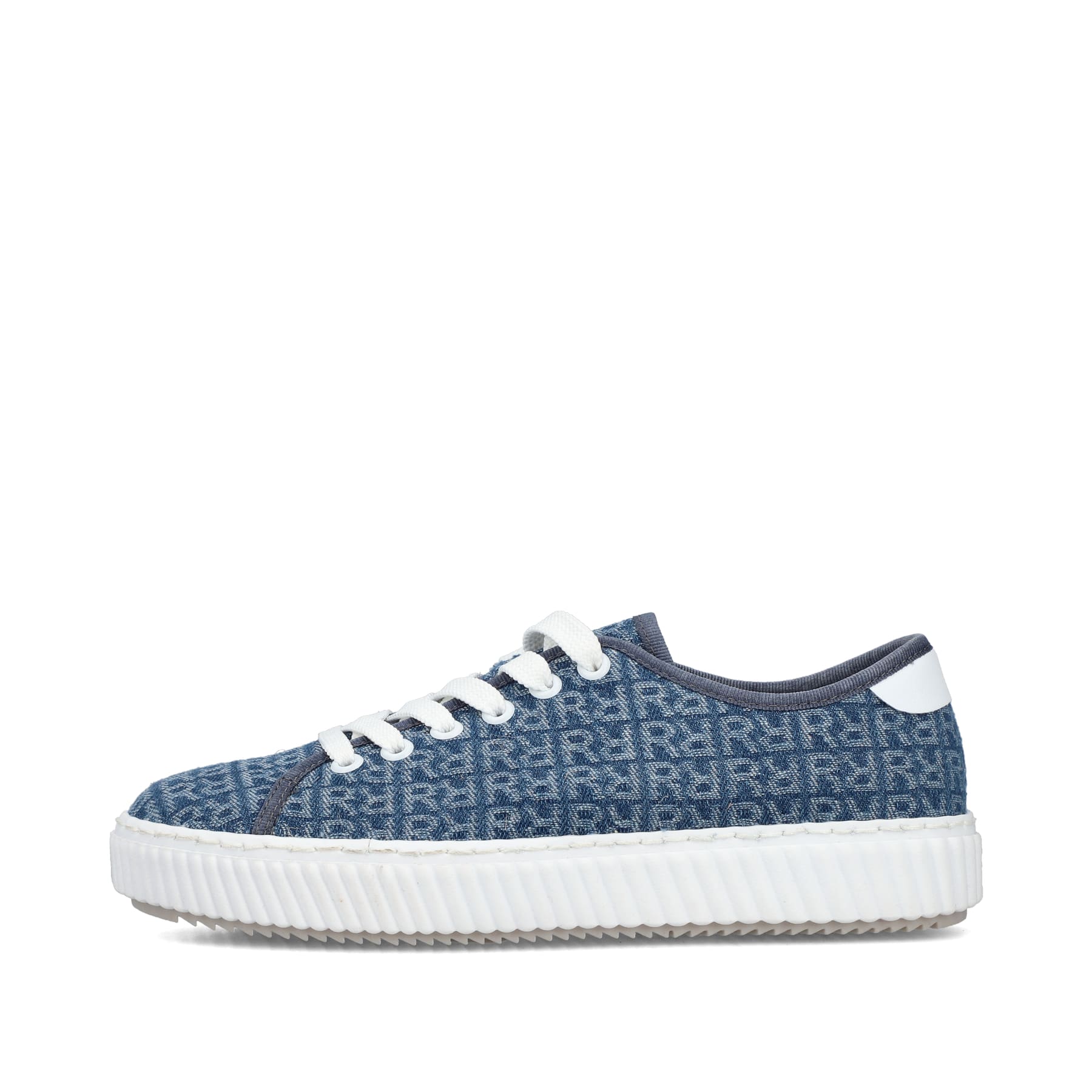Schieferblaue vegane Rieker Damen Sneaker Low M3926-14 mit einer Schnürung. Schuh Außenseite.