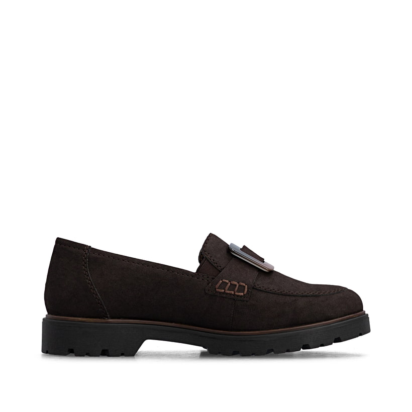 Dunkelbraune Rieker Damen Loafer 45553-25 mit Schmuckelementen sowie Gummizug. Schuh Innenseite.