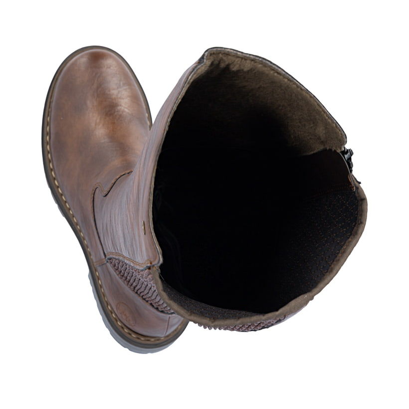 Braune Rieker Damen Hochschaftstiefel 72657-22 mit einem Reißverschluss. Schuh von oben, liegend.
