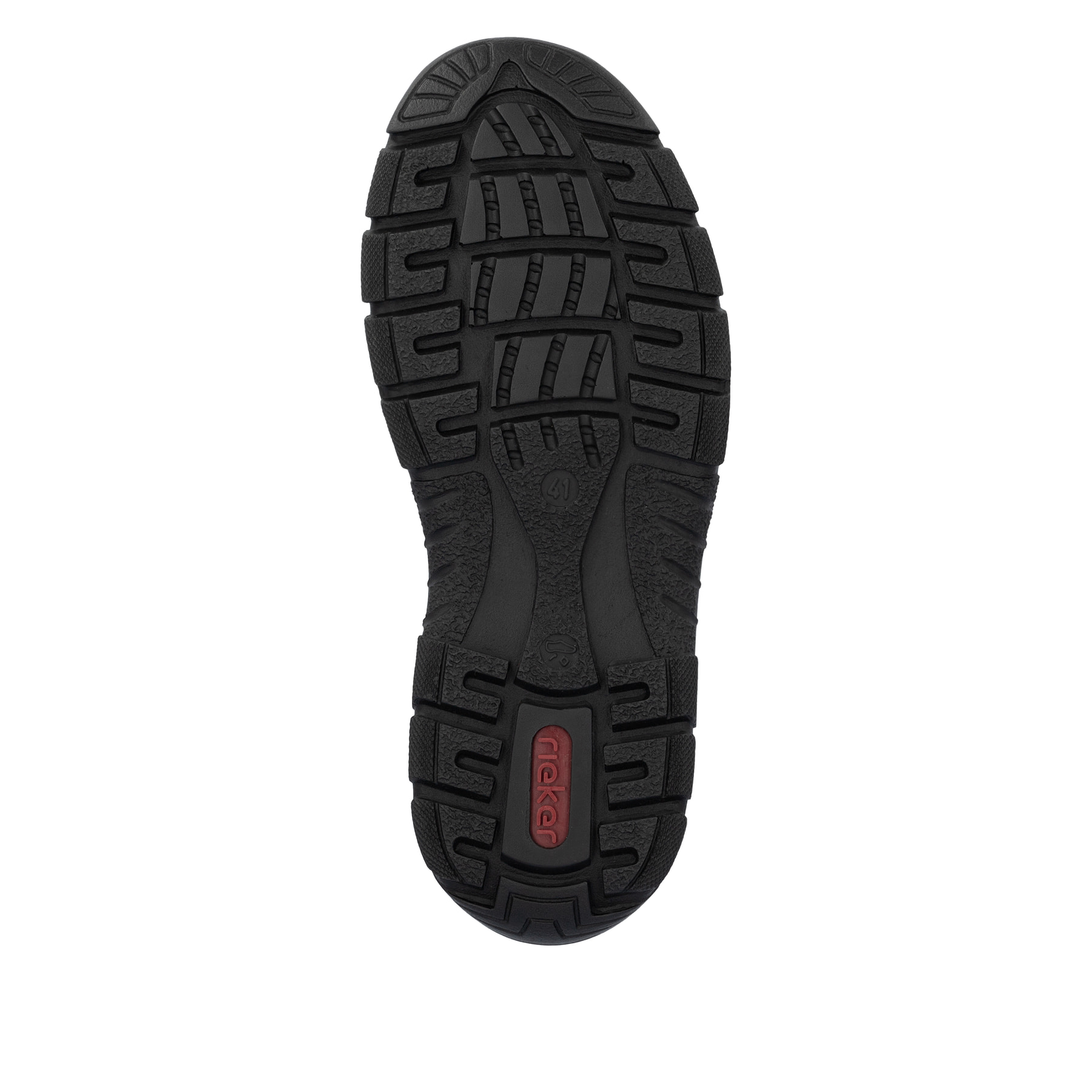 Mocassins Rieker noirs pour hommes 19961-03 avec bande élastique. Semelle extérieure de la chaussure.