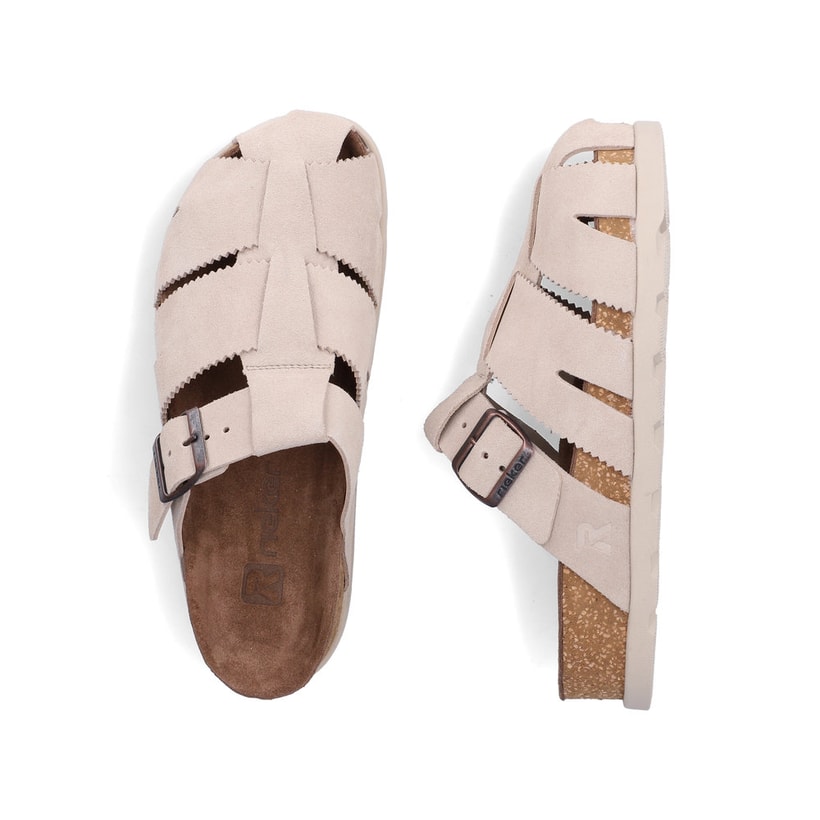 Mules Rieker beiges pour femme V3164-62 en cuir velours avec boucles. Chaussure vue de dessus, couchée.