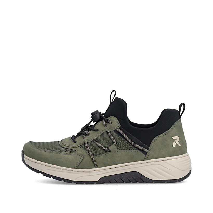 Khaki-schwarze Rieker Damen Slipper 53153-54 mit Gummizug sowie der Extraweite H. Schuh Außenseite.