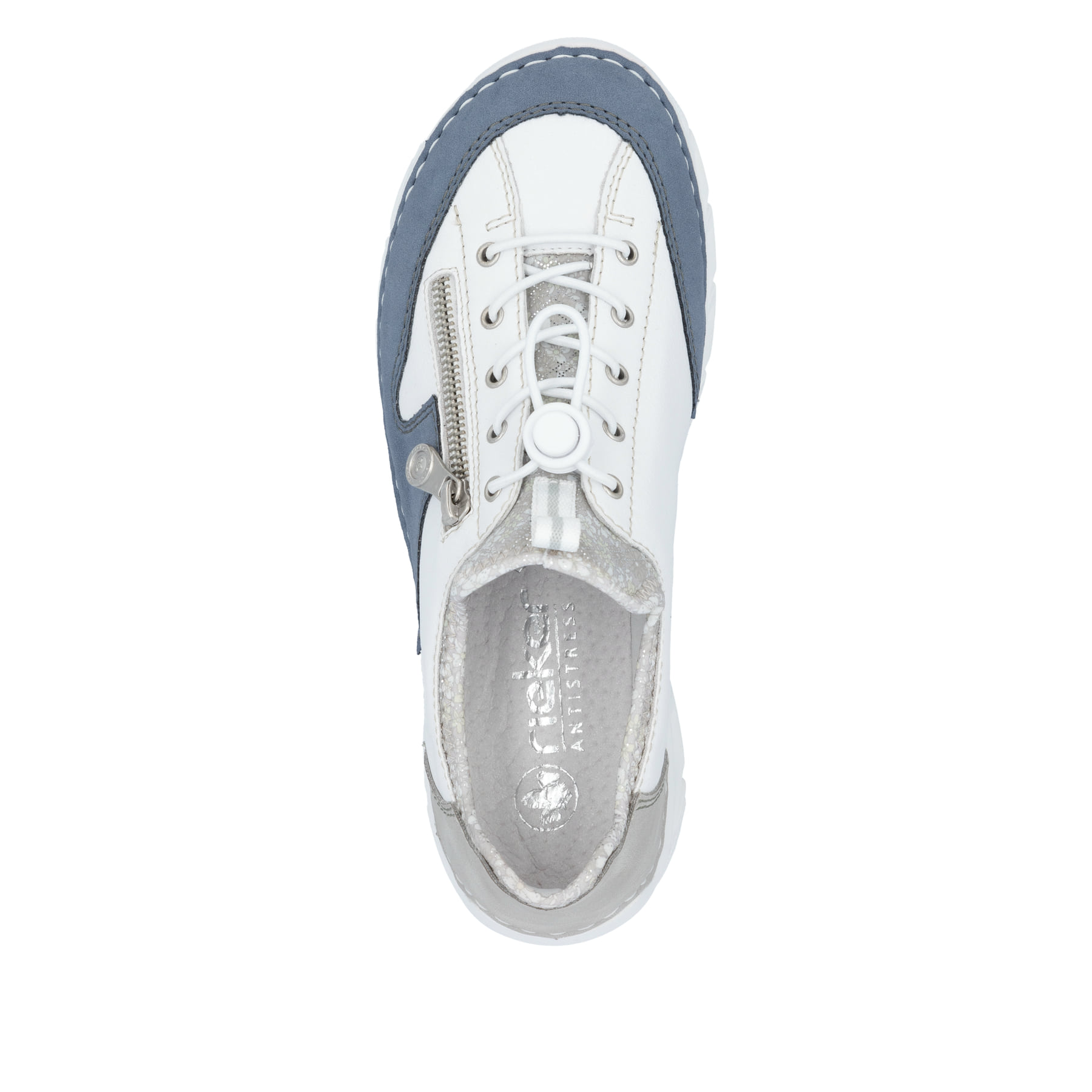 Weiße Rieker Damen Slipper 55064-80 mit Deko-Reißverschluss sowie einem Gummizug. Schuh von oben.