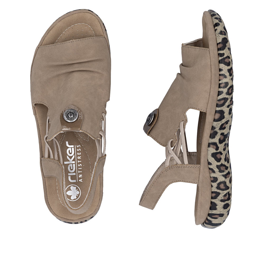 Sandales Rieker marron pour femme 64871-20 avec semelle à motif leo. Chaussure vue de dessus, couchée.