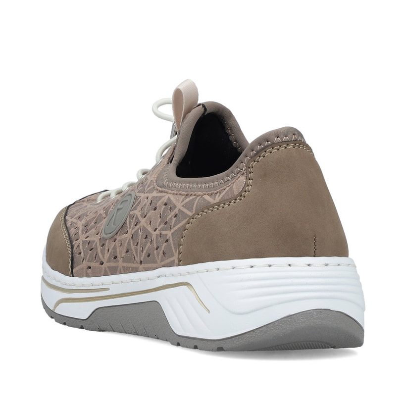 Beige Rieker Damen Slipper 53151-64 mit metallischem Finish sowie einem Gummizug. Schuh von hinten.