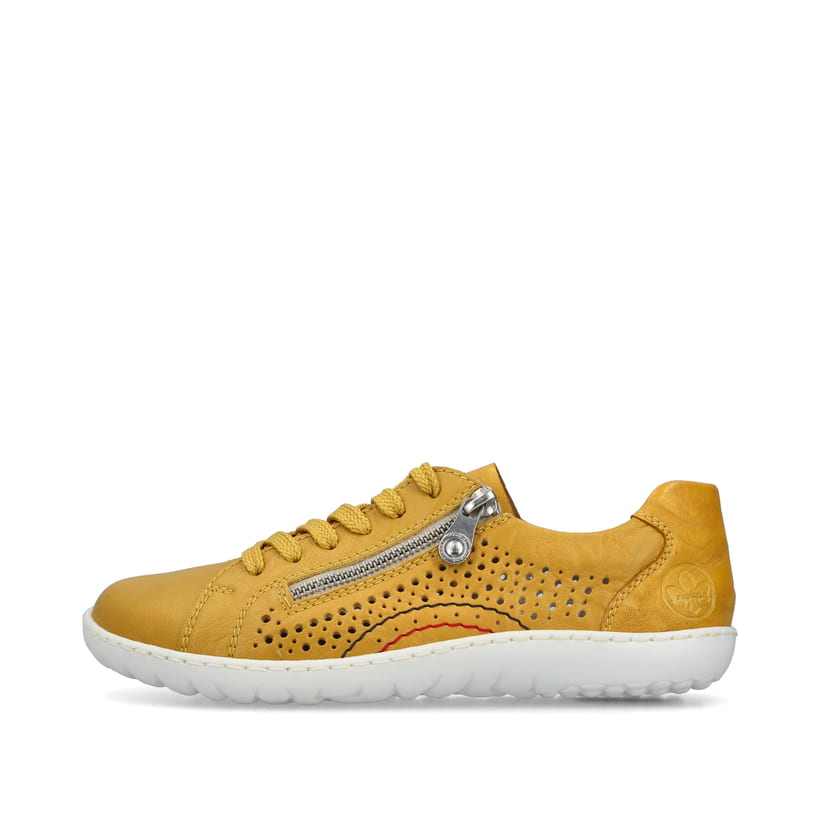 Gelbe Rieker Damen Schnürschuhe 52824-68, Barfußschuhe mit runden Ziernähten. Schuh Außenseite.