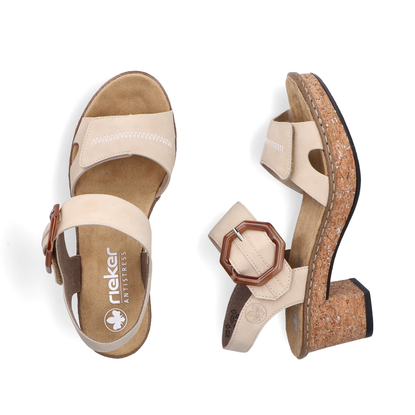 Beige Rieker Riemchensandaletten 63850-60 mit trendigen Schnalle. Schuh von oben, liegend.