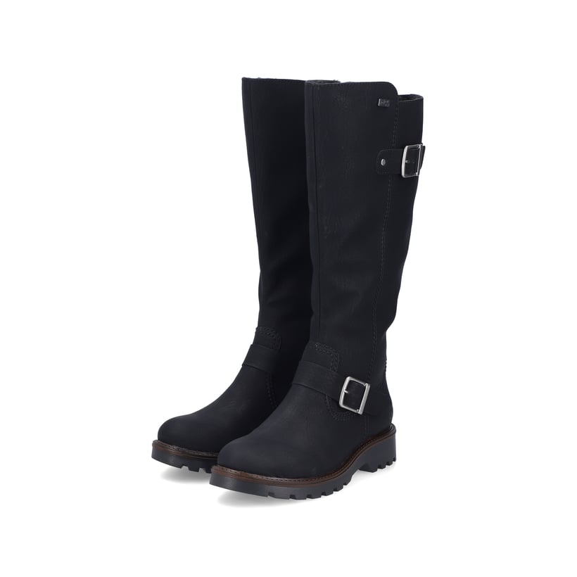 Schwarze Rieker Damen Hochschaftstiefel 73292-00 mit einem Reißverschluss. Schuhpaar seitlich schräg.